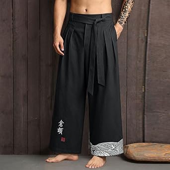 Men's Japanese Embroidered Linen Pants Loose Fit Hakama Trousers with Tie and Pockets Baggy Wide Leg Traditional Kimono Bottoms Lightweight Summer Casual Trousers