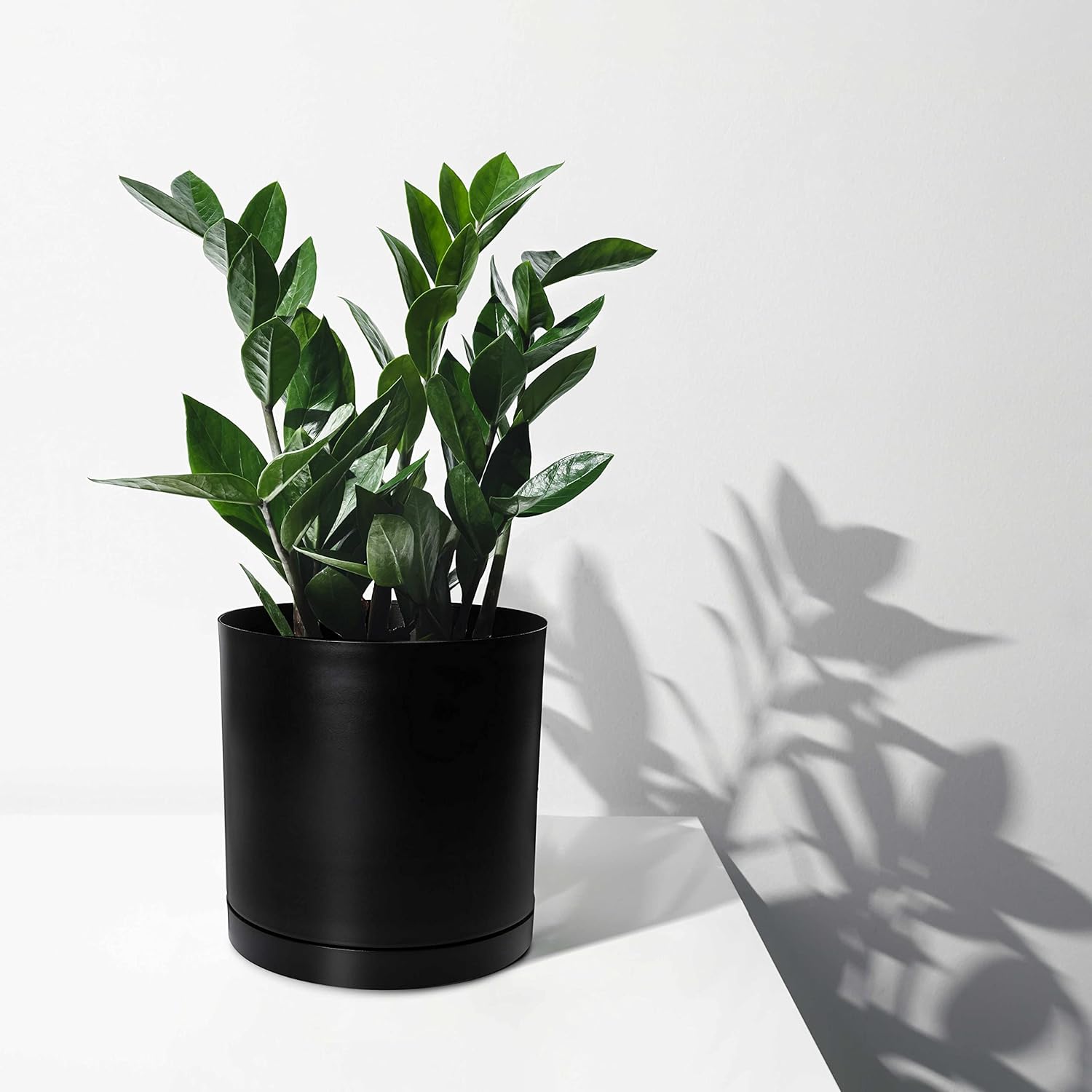 Black Modern Flower Pot with Round Saucer - Fits Mid-Century Modern Plant Stand - 8 Inch Planter - Matte Black Powder Coated Aluminum