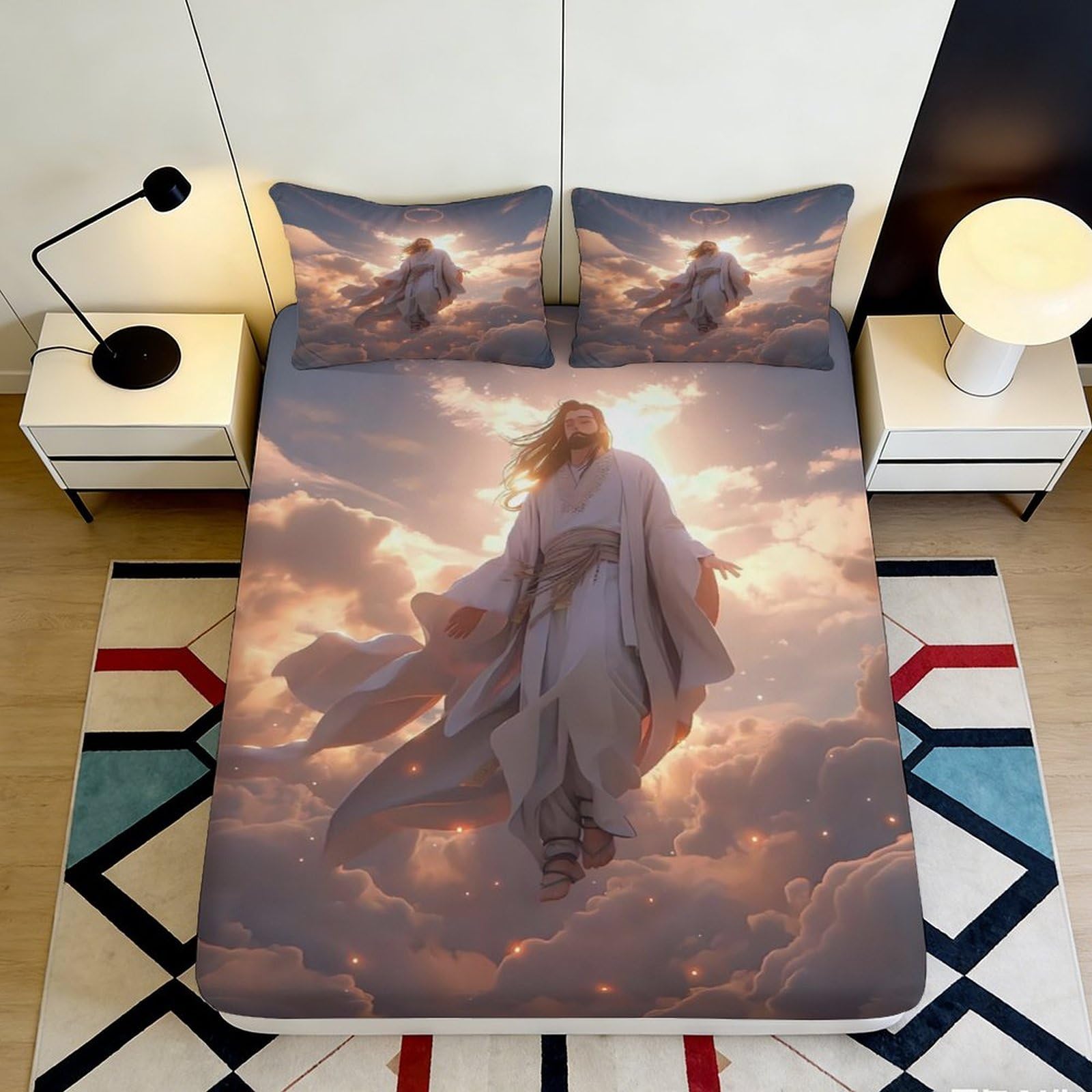 3D Printed Cloud Art Fitted Sheet Microfiber Deep Pocket Non-Slip Elastic Hem Cloud Mattress Fitted Cover 180x200x25cm