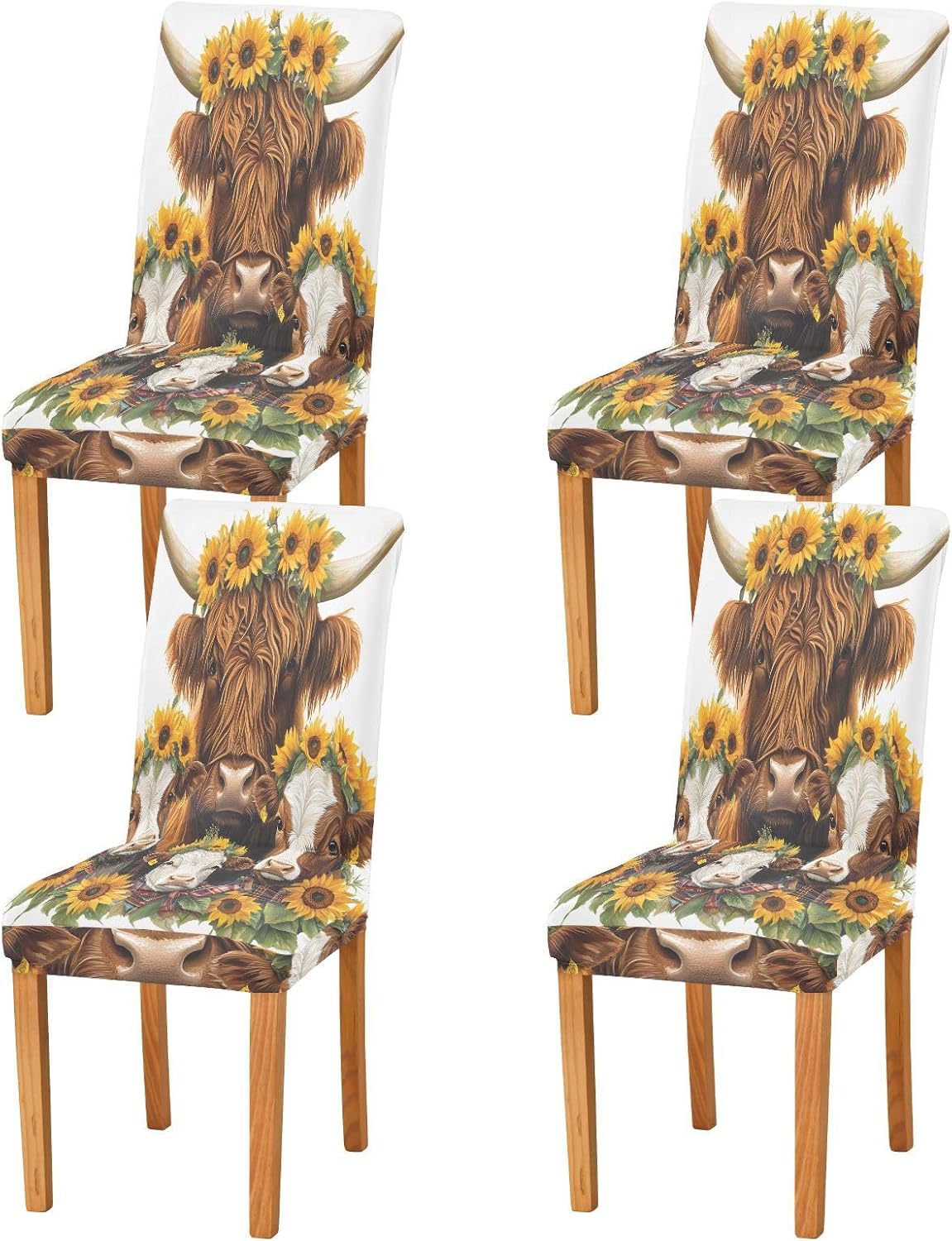 ALAZA Chair Covers for Dining Room, Family Highland Cow Stretch Chair Cover Sets Chair Protector Removable Washable for Ktichen Restaurant Hotel