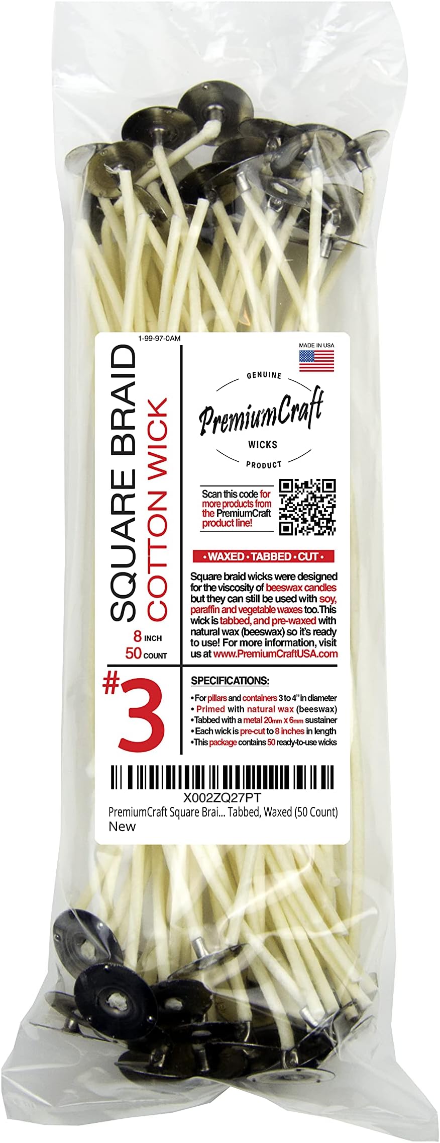 PremiumCraft Square Braid Cotton Candle Wick - #3, Tabbed, Waxed (50 Count)