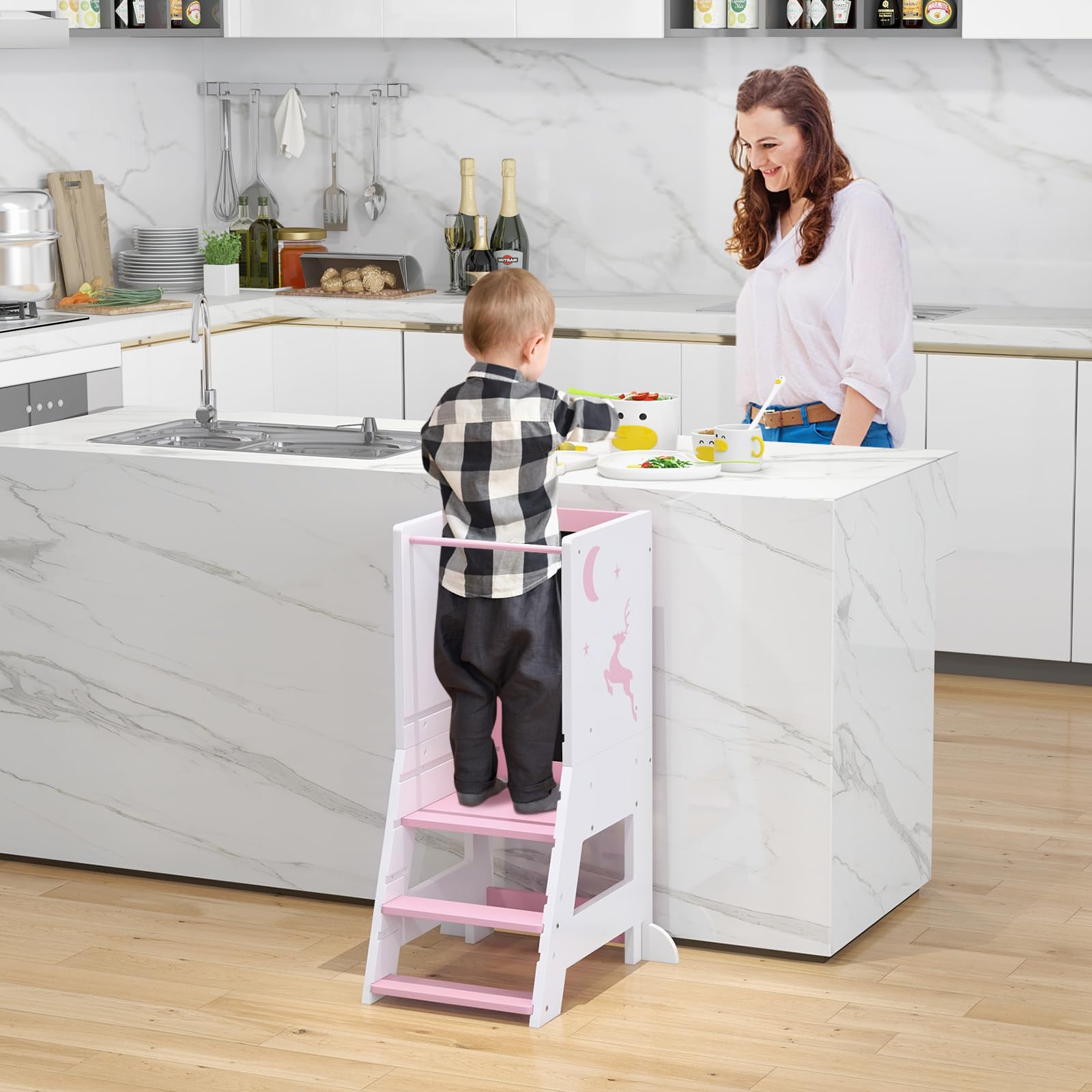 GOPLUS Lernturm Kinder, Mehrzweck-Tritthocker aus Holz mit 3 verstellbare Höhen, Lernstuhl Baby mit Whiteboard, Tafel, 3 Stiften, für Kinder ab 1 Jahren, 37 x 50 x 87 cm (Rosa)