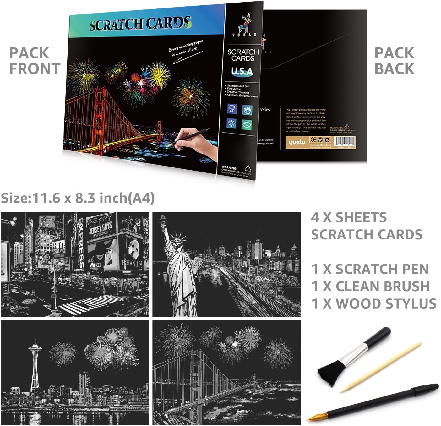 4 Pcs Scratch & Sketch Art for Teens & Adults - A4 Rainbow Night View (USA)