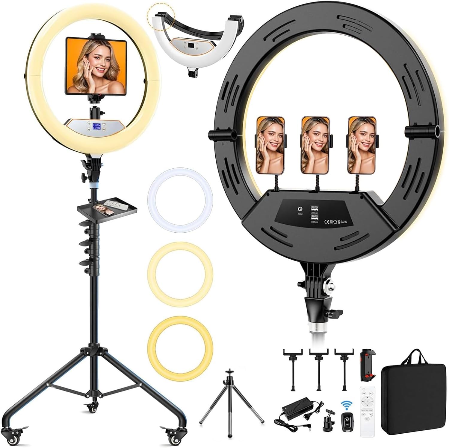 22" Large Ring Light with Stand, Upgraded Foldable LED Big Ringlight with 75" Tripod & Mini Tripod Wheel Tray for Live Tattoo Makeup Video Recording Barber Photography