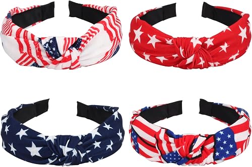 4PCS American Flag Headbands for Women Girls Independence Day 4th of July Red White Blue Patriotic USA Bow Knotted Wide Headband Yoga Hair Band Hair Hoops