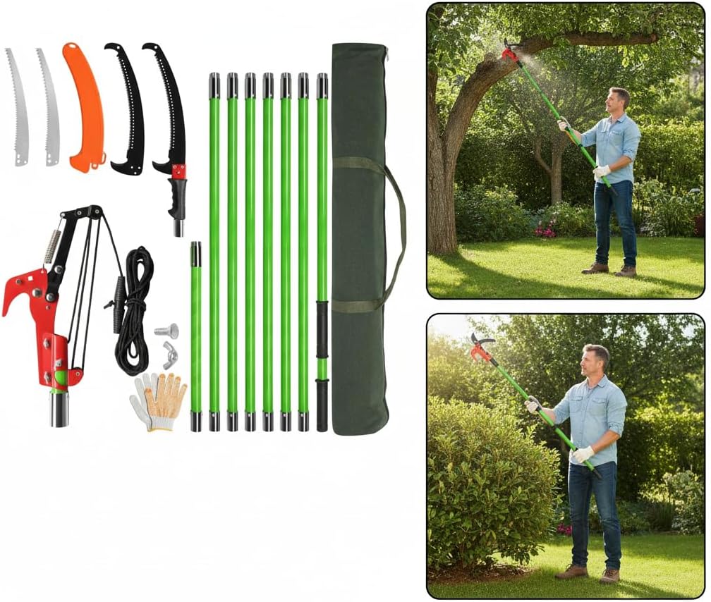 AgnesC 26FT Manual Pole Saw – Lightweight Long-Handle Tree Pruner Set with Sharp Steel Saw & Pruning Shears for Tall Trees, Palms and Shrubs