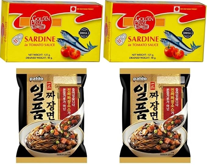 Golden Prize Sardine in Tomato Sauce 125Gms (2 Units) and Paldo Ilpoom Jjang Noodles 200 Gms (2 Units), Combo Pack, Pack of 4
