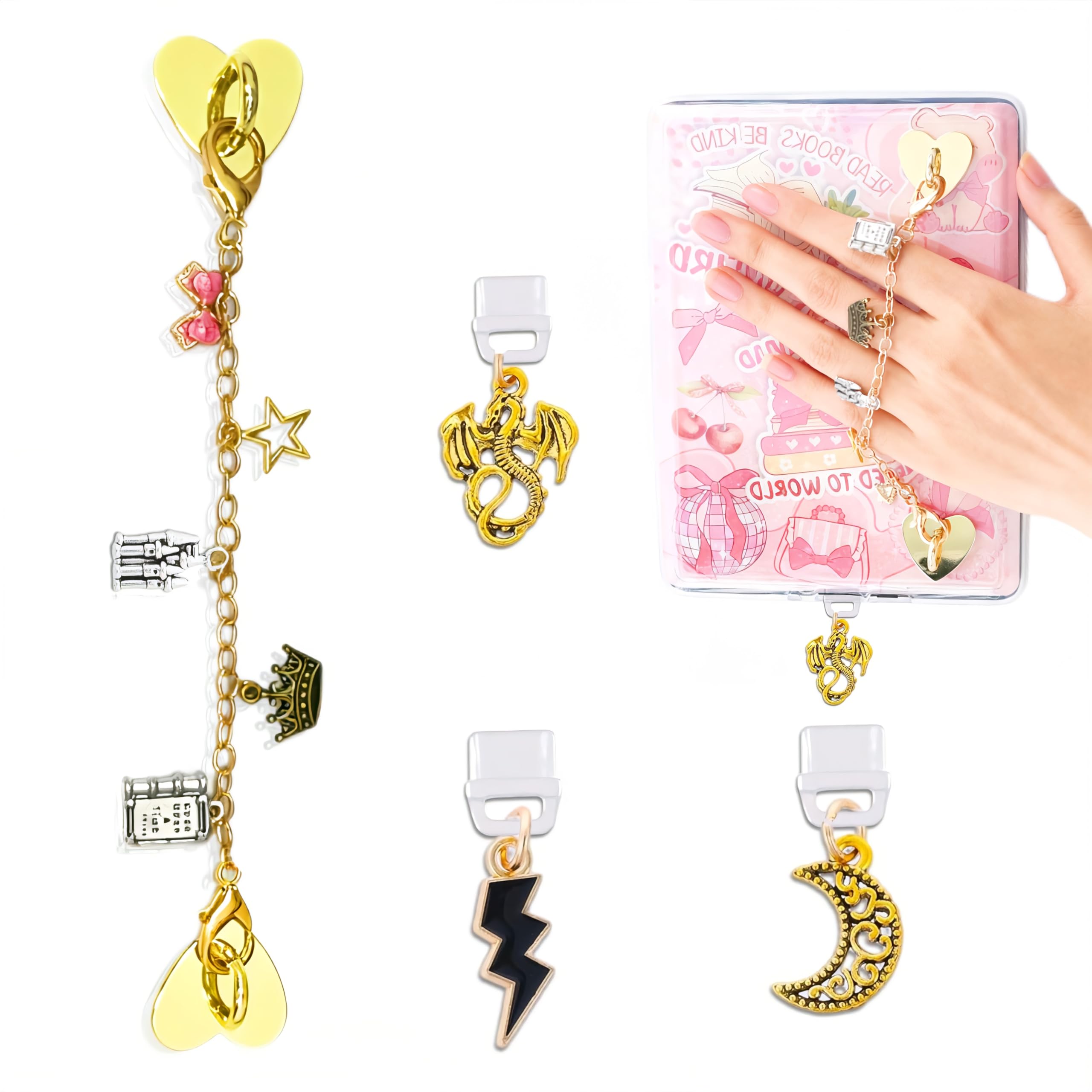 Charms Set for Kindle - 4Pcs Retro Cute Type C Dust Plug Charm, Castle Bowknot Chain Bracelets Decorating Accessories for Kindle/E-Reader/Phone, Gift for Book Lovers Women Men