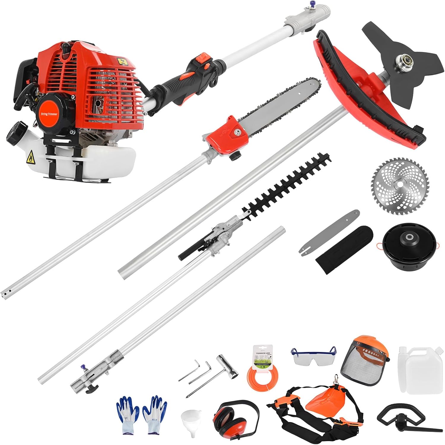 2025 New Gas Weed Wacker, 52cc 5-in-1 Gas Weed Eater, String Trimmer, Hedge Trimmer, Pole Chainsaw with Extension Pole,Brush Cutter, Multi Functional Trimming Tools for Home Yard Garden (Orange)