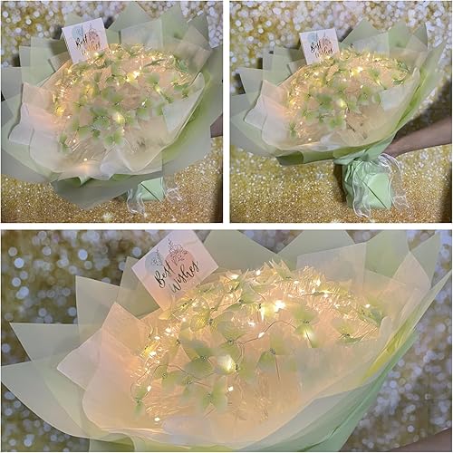 Miniatura 8 de Aiouclay Ramo de flores hecho a mano, 33 piezas de flores artificiales, ramo de mariposas con luces, kit de manualidades para principiantes, regalo