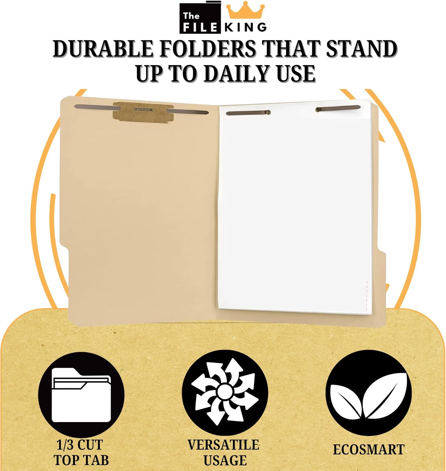 The File King Manila File Folder with Two 2" Fastener Prongs - Letter Size | Box of 50 | 1/3 Cut Top Tab | Positions 1 & 3 | Organize Papers for Easy Storage | American Made