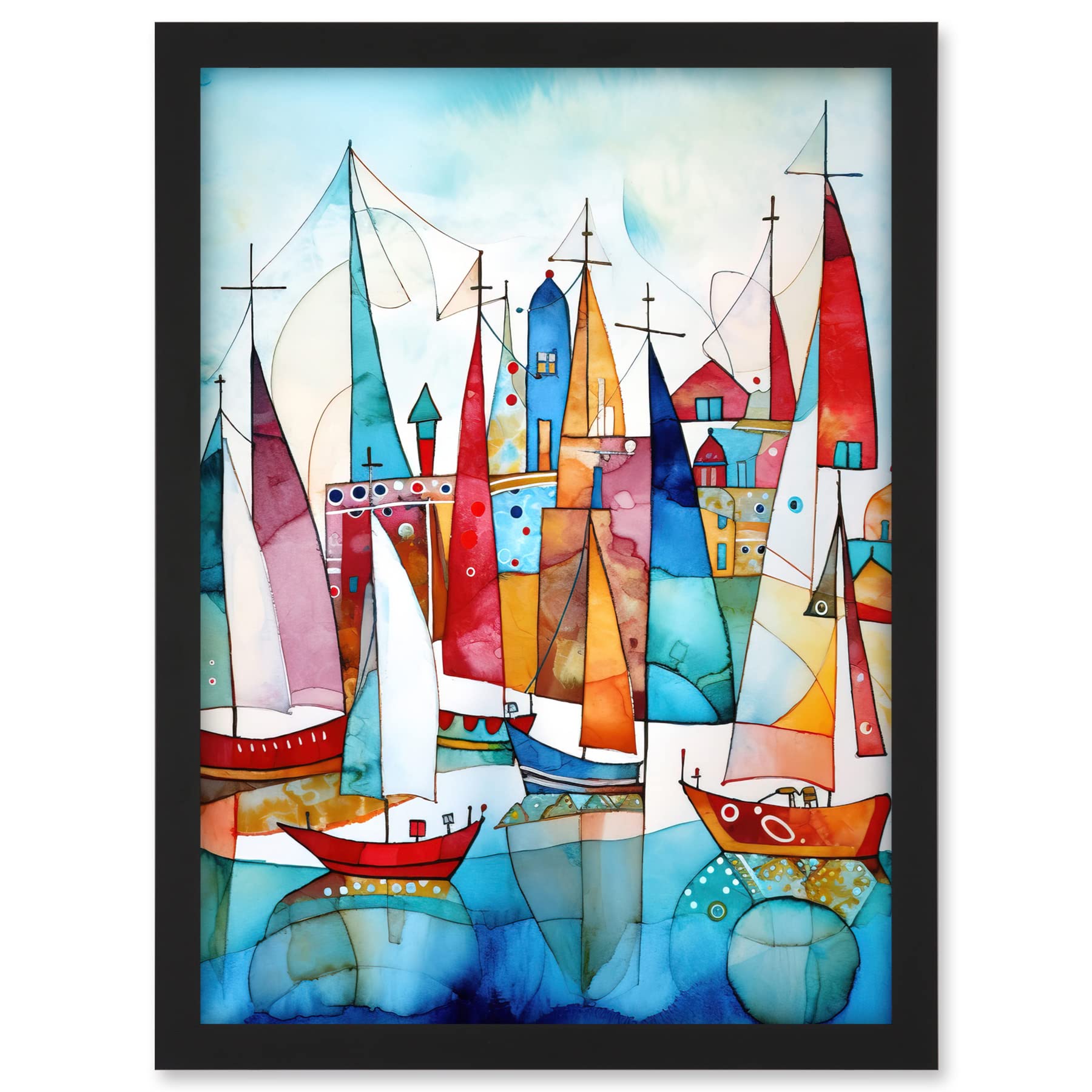 Artery8 Harbour Boats Abstract Folk Art Watercolour Painting Artwork Framed A3 Wall Art Print