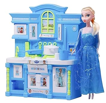 Alokik Enterprise Frozen Barbie Doll with World Dream House Kitchen Set Lights and Beautifull Music Opening Doors Princess for Girls Household Kids Modern Play Battery Operated Cooking Appliances Kids (Multi) (Frozen Kitchen Set)