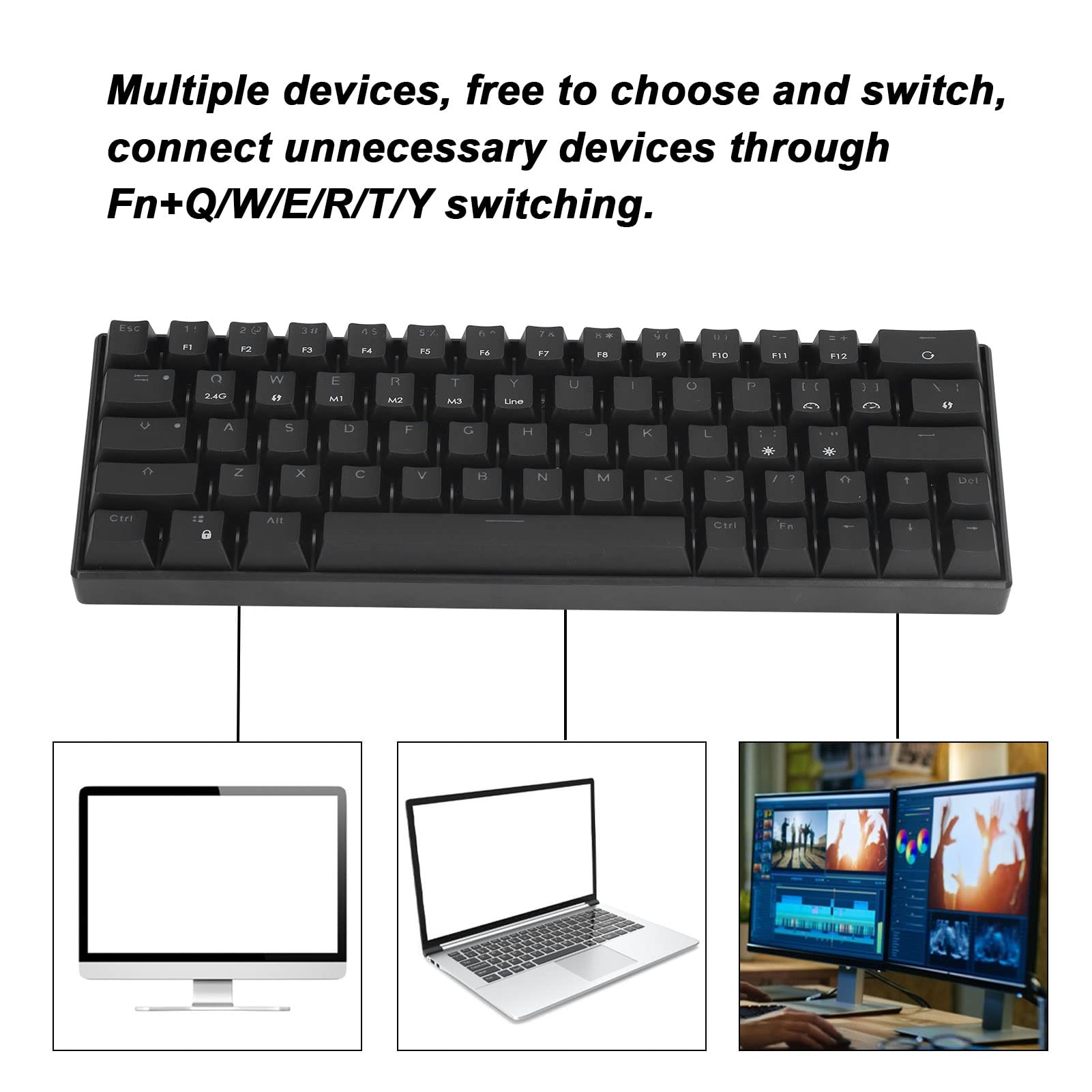 Septpenta Clavier Mécanique, Prend en Charge Le sans Fil 2.4G, BT 3.0 5.0, Connexion Filaire de Type C en Trois Modes, Design Ergonomique, Clavier 64 Touches pour Game Office(Arbre Noir)