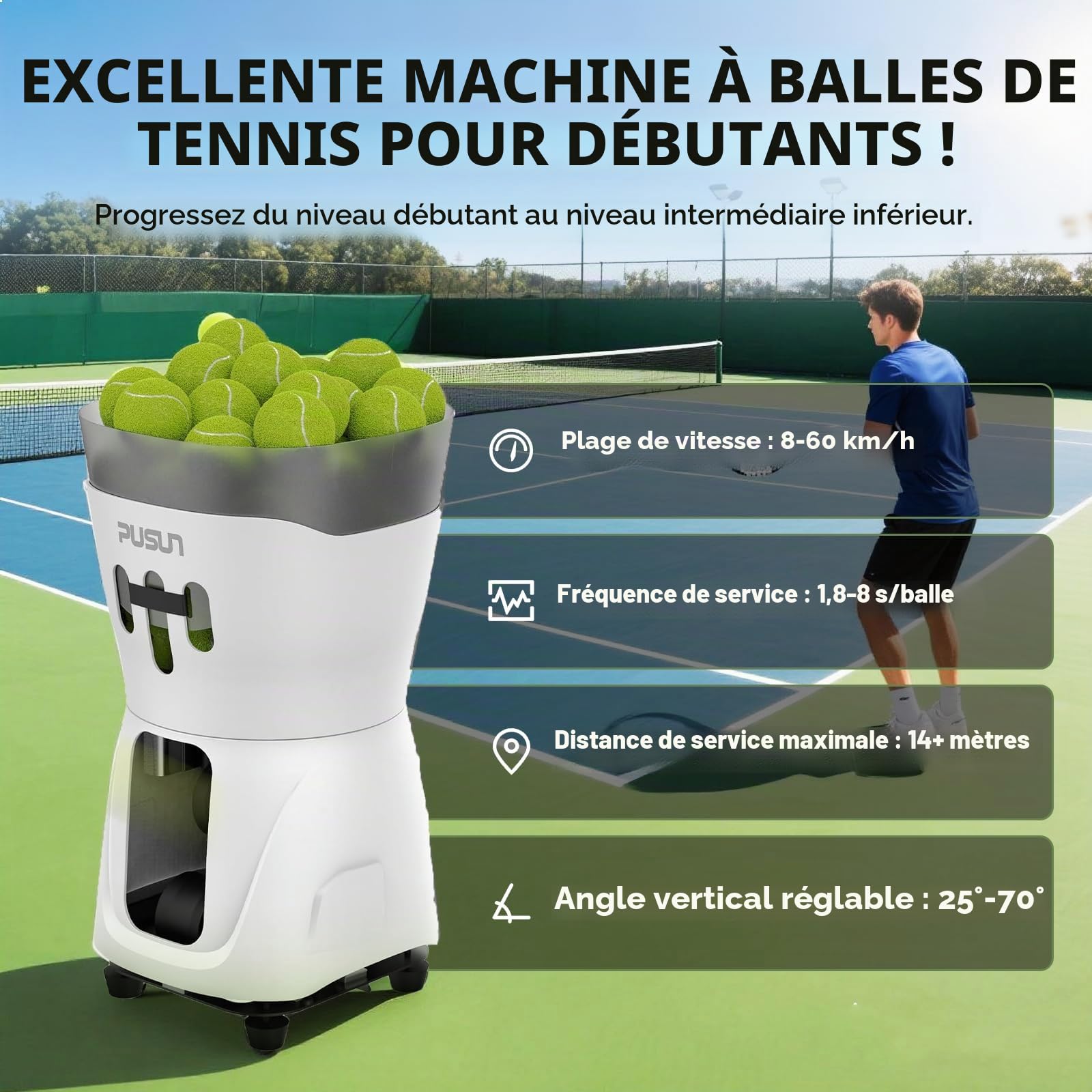 PUSUN PT-Mini Pro Machine à balles de tennis avec télécommande intelligente par application, vitesse/rotation/fréquence réglable pour débutants, capacité 65 + balles, autonomie de la batterie 3 à 5