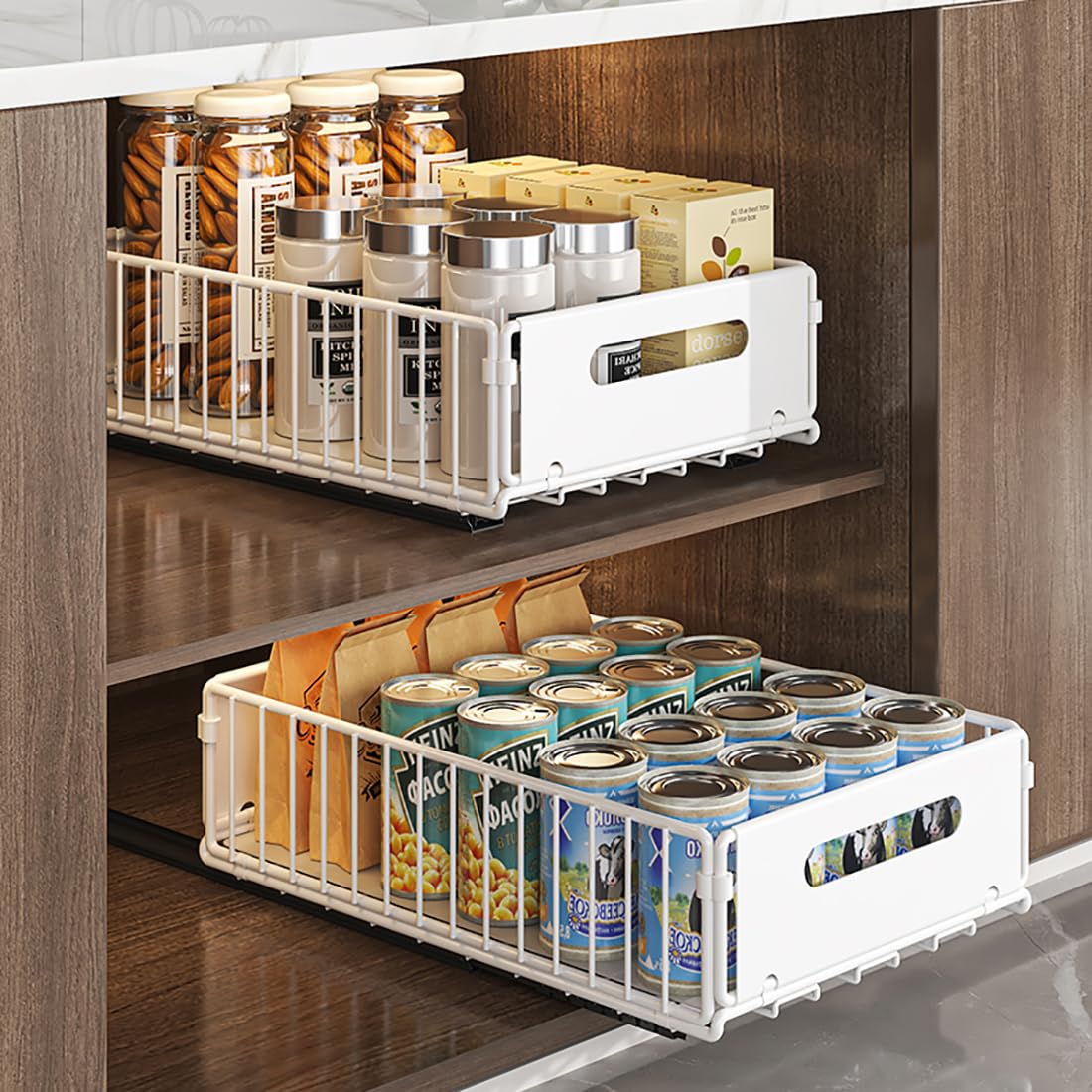 YunNasi Pull Out Cabinet Organizer Slide Out Drawer Storage Shelves Cupboard Organiser Sliding Cabinet Basket for Kitchen with Silent Slide No Drilling and Nailing (White