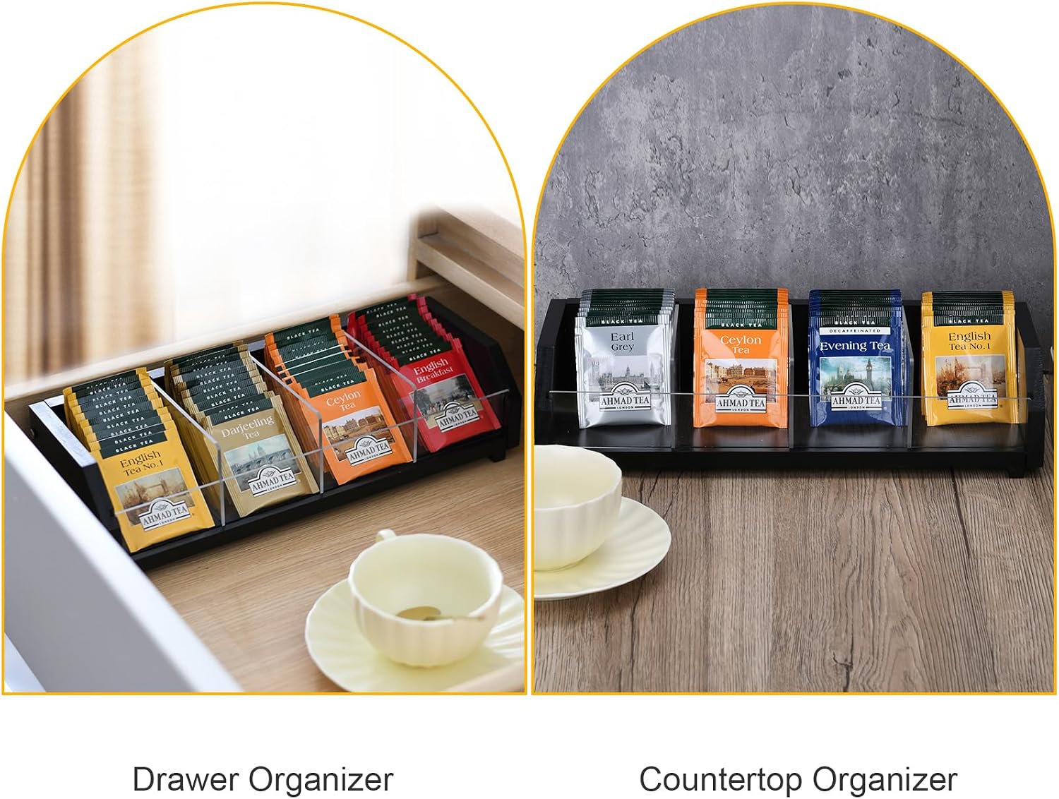 Tea Bag Storage Organizer, Natural Wood and Clear Acrylic, 4-Section Chest, 13.5x4.9x3.1 Inch, 80 Bag Capacity (Black) image 4