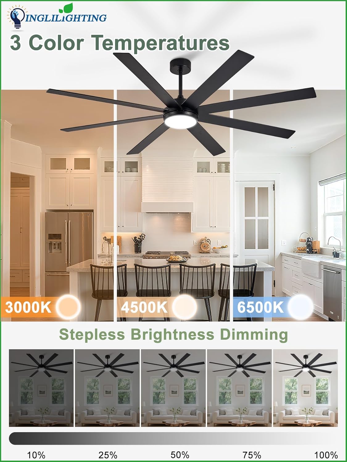DLLT Large Ceiling Fans with Lights: 72in Modern Indoor/Outdoor Ceiling Fan for Living Room Patio - Black Ceiling Fans with Remote APP Control 8 Blades Reversible Quiet DC Motor Timer 6 Speeds 3 CCT