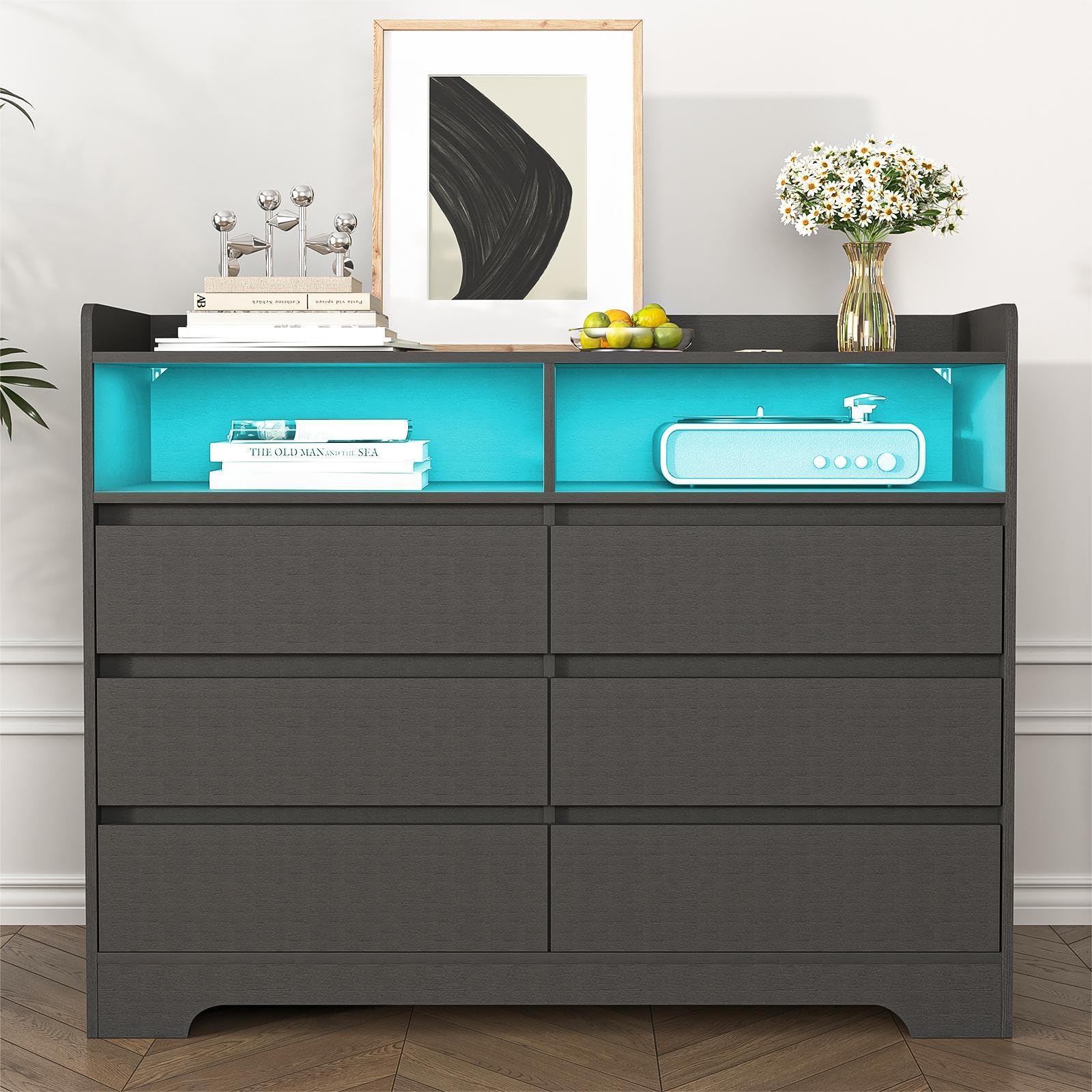 SpacoBlack Dresser for Bedroom, 6 Drawer Dresser with LED Lights and 2 Cubby,Chest of Drawers,Wood Dresser,Dresser Bedroom Furniture,Wide TV Stand Dresser for Kid's Room,Nursery