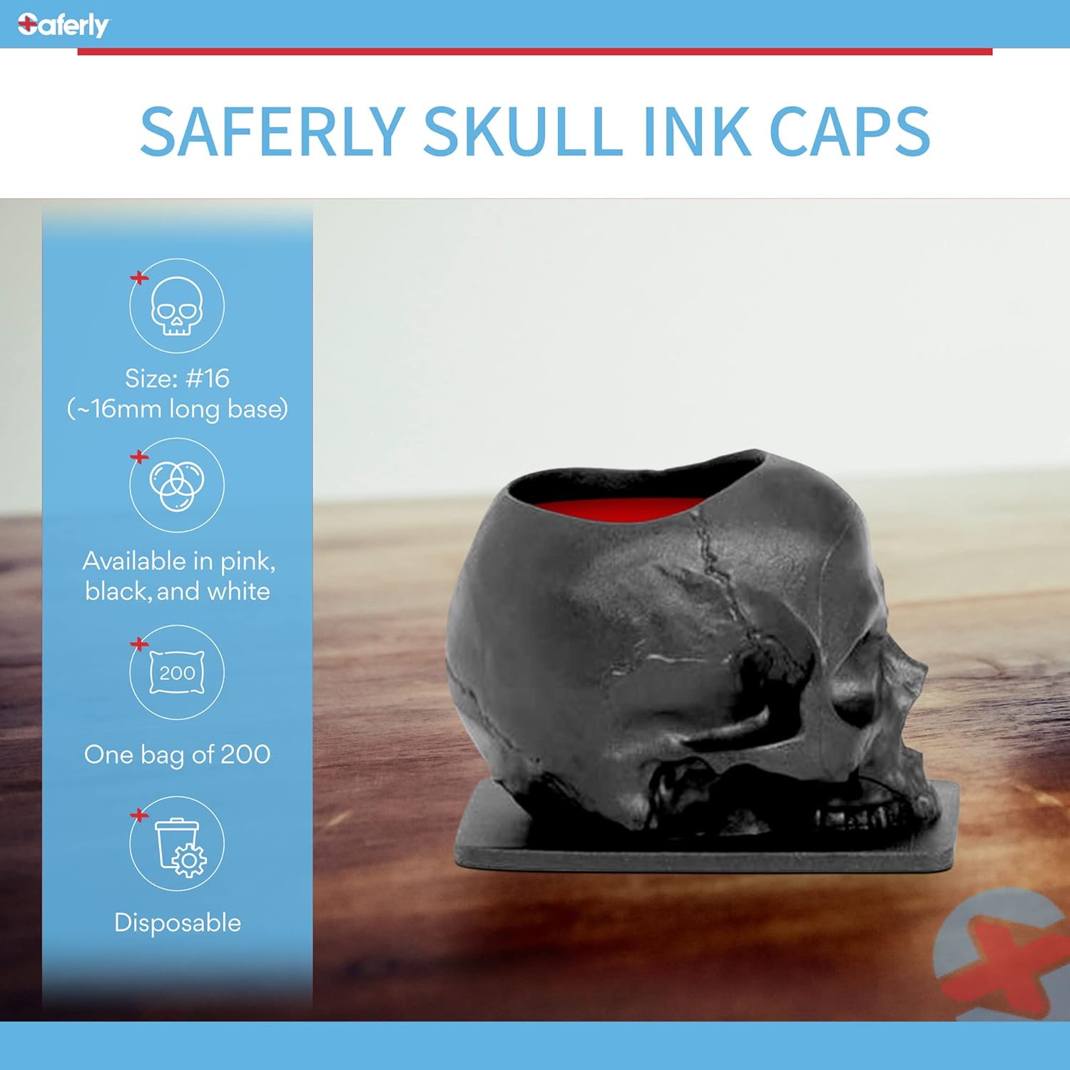 Saferly Skull Tattoo Ink Caps Cups for Tattooing, Disposable Pigment Holder with Base, Microblading Permanent Makeup Tattoo Supplies, Size #16 Large, Bag of 200, Pink