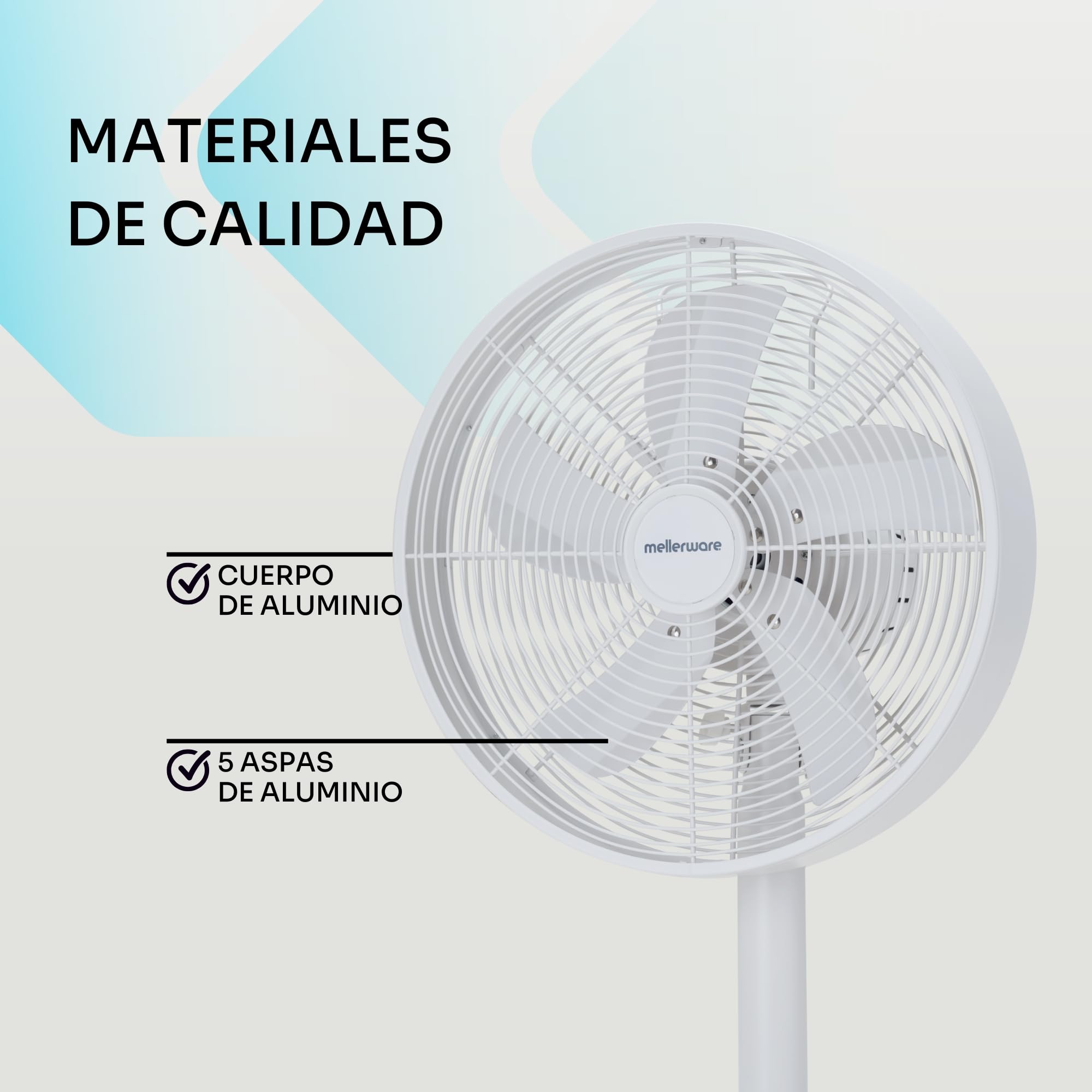 Mellerware Ventilador de Sobremesa Brizy Circle | 35W de Potencia | Oscilante | 3 Velocidades | 5 aspas metálicas 30 cm Diámetro | Aluminio | Caudal de aire fresco | Fácil transporte | Blanco