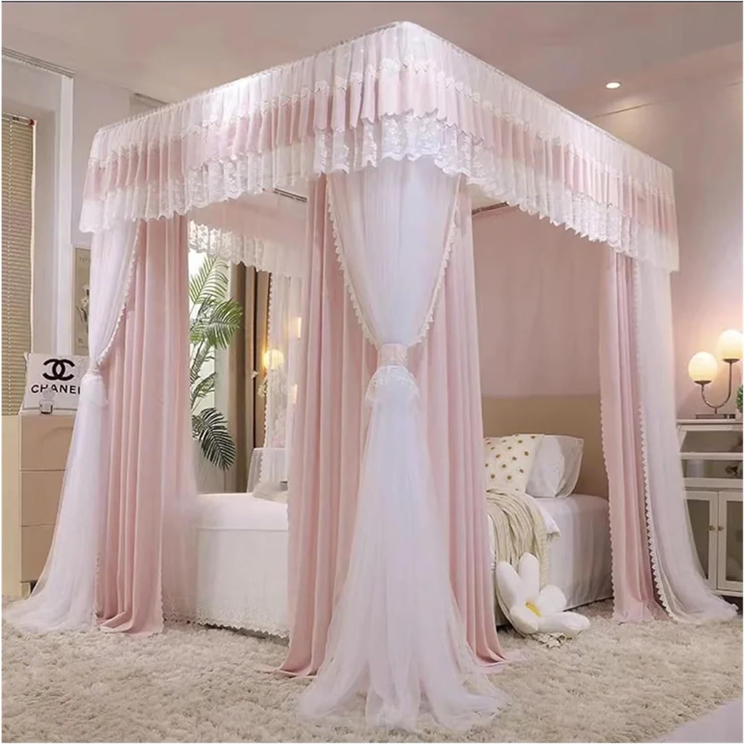Canopy Bed Curtains Princess Style Bowknot Bed Curtain Shading Wind-Proof Integrated Non-Supported Bed，Pink Bow 0.4