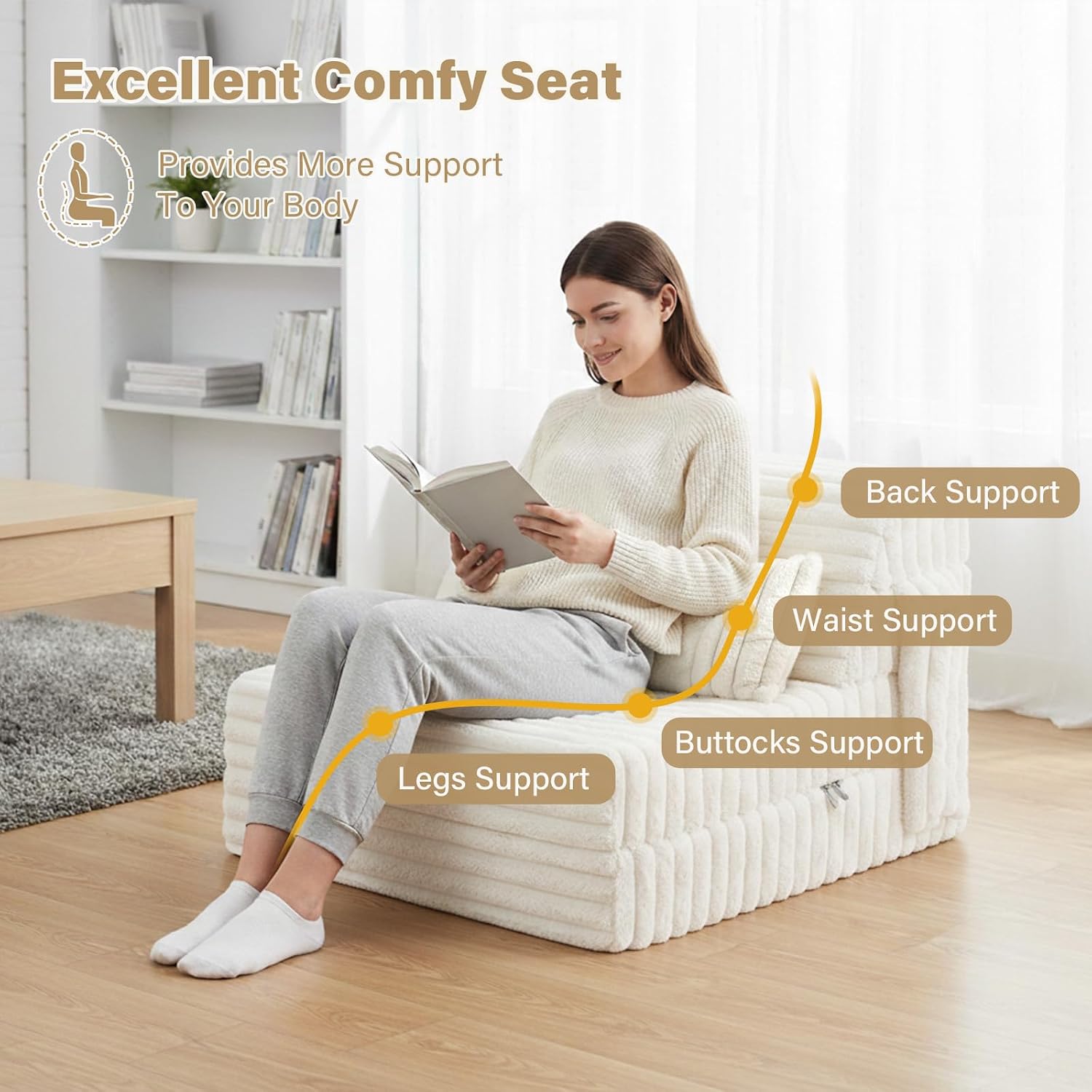 Tiita Folding Sofa Bed Single Size, Convertible Sleeper Chair Mattress with Pillow, Thick Corduroy Floor Mattress Couch Bed with Side Pocket, Guest Room, Dorm, Apartment, Beige