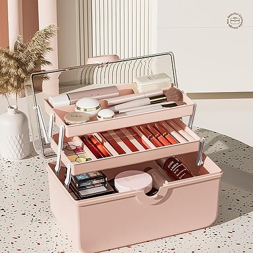 Miniatura 4 de Organizador de almacenamiento de maquillaje, organizador de maquillaje de gran capacidad con cubierta visual transparente, asa de 3 capas, caja de