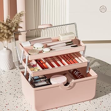 WMM Makeup Storage Organizer, Large Capacity Makeup Organizer with Transparent Visual Cover, Handle 3 Layers Portable Cosmetic Storage Box Easily Organize Your Cosmetics, Jewelry and Hair Accessories