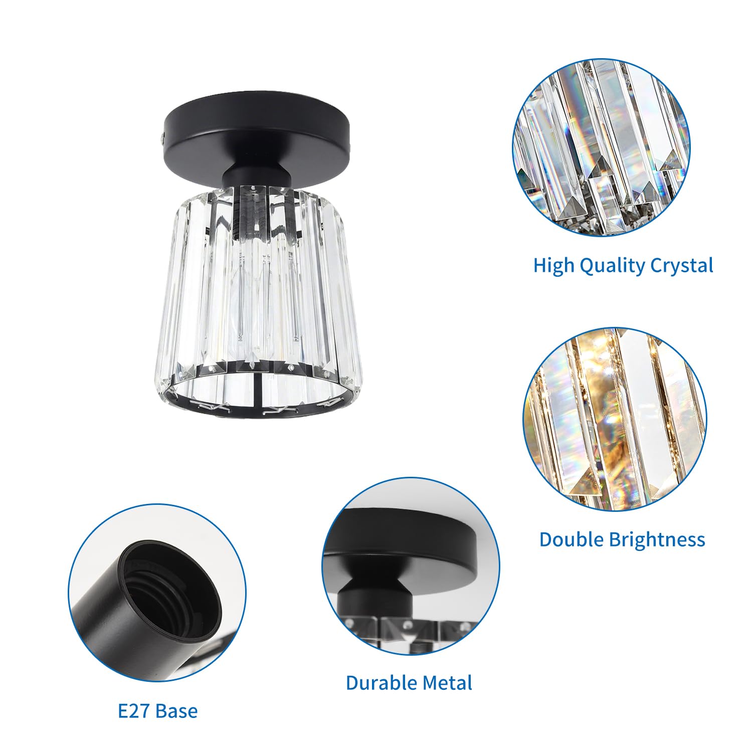 ANWIO Kristall Kronleuchter Deckenleuchte, E27 Deckenlampe Hängend Wohnzimmer, Glas Pendelleuchte für Schlafzimmer, Küche, Flur, Badezimmer, Schwarz, Φ13CM