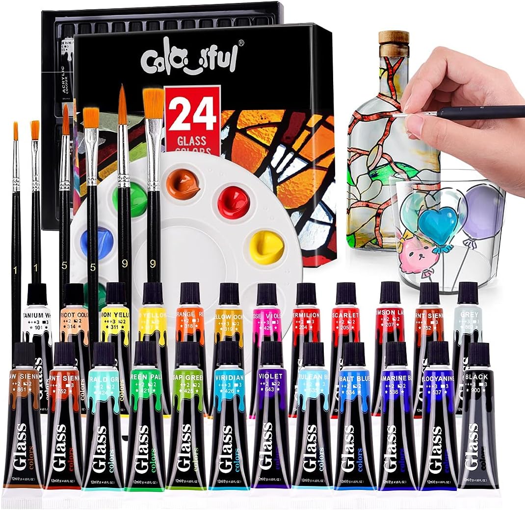COLORFUL Stain Glass Paint Set with 6 Brushes, 1 Palette