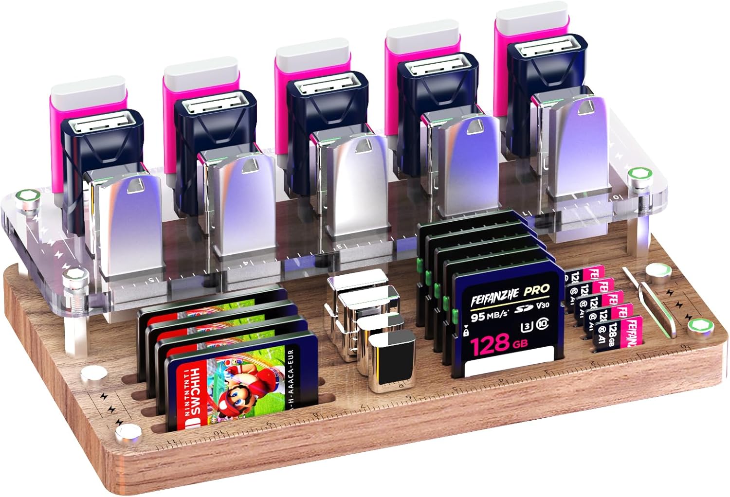 40 Slots Wooden Memory Card Case for TF/CF/Nintendo Switch, USB Flash Drive/SD Card Holder Desk With Removal Pin - Protection Box-03MY