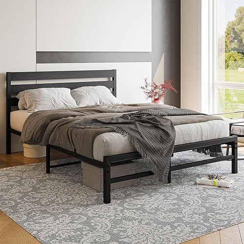 Miniatura 51 de Cama de plataforma de metal de tamaño individual con cabecera de madera, no necesita somier, fácil montaje, grano de madera negro Grano de madera