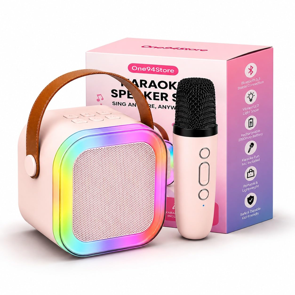 One94Store Karaoke Wireless Microphone with LED Speaker | Bluetooth Portable Singing Mic with RGB Lights & Voice Effects | Fun Music Toy for Kids & Adults, Parties & Home, Office Entertainment (Pink)-image-31