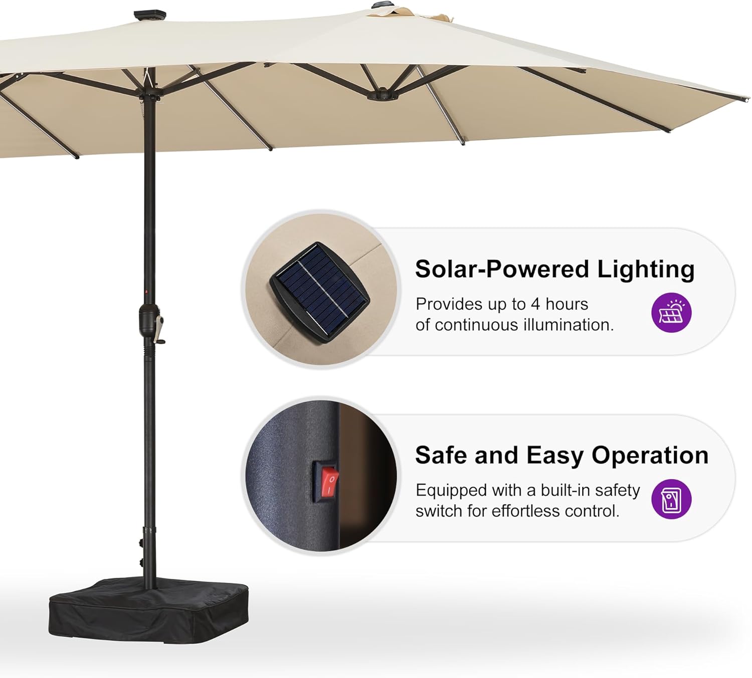 PURPLE LEAF 15ft Patio Market Umbrella with Solar LED and Base Double-Sided Rectangle Outdoor Table Sun Umbrellas with Crank for Pool Beach Deck Backyard Khaki