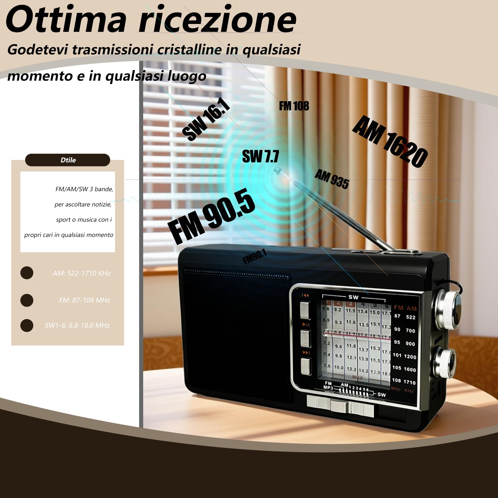 Radio Portatile con Pannello Solare e Batteria 1200mAh, Ricevitore AM/FM/SW1-6 con Altoparlante 8W/TWS/USB/TF, Torcia, Radio Bluetooth Ricaricabile per Camping, Emergenze, Esterno