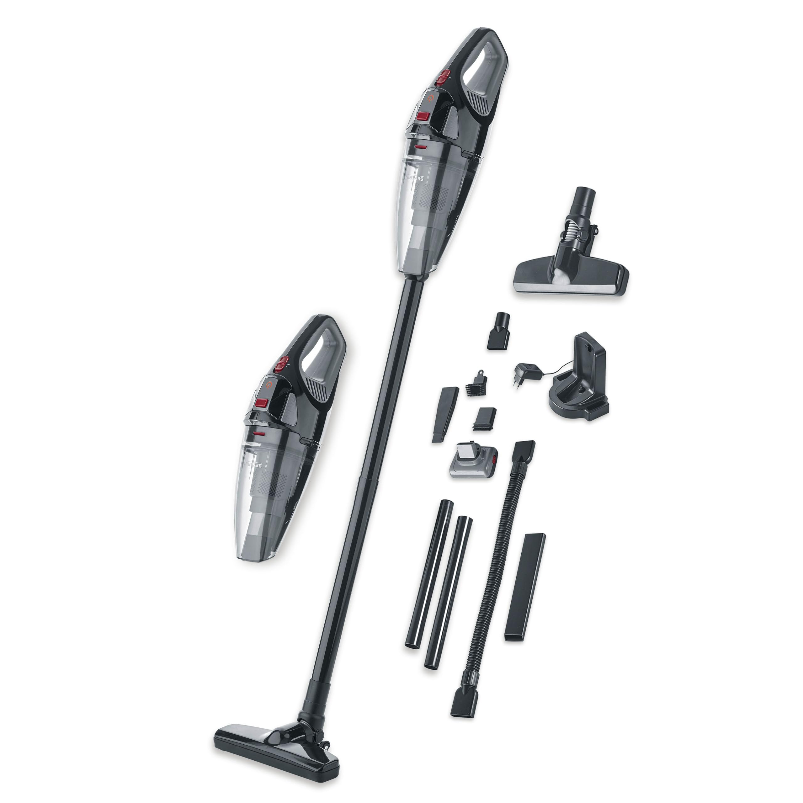 SEVERIN Akku Handstaubsauger kabellos, 18,5 V, 50 Min Laufzeit, Nass- und Trockensauger mit LED-Akku, rotierender Turbobürste und Tragetasche, für Auto, Camping und Tierhaare, HV 7147