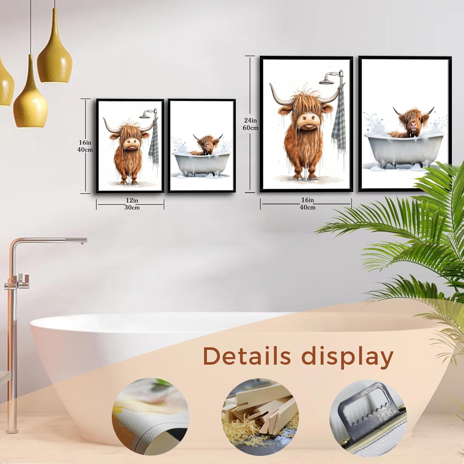 2 Pcs Framed Highland Cow Bathroom Wall Art Fun Brown Cute Highland Cow Wall Decor Vintage Country Farmhouse Canvas Picture Poster Bathroom Prints Kids Room Restroom Ready to Hang 16x24Inch