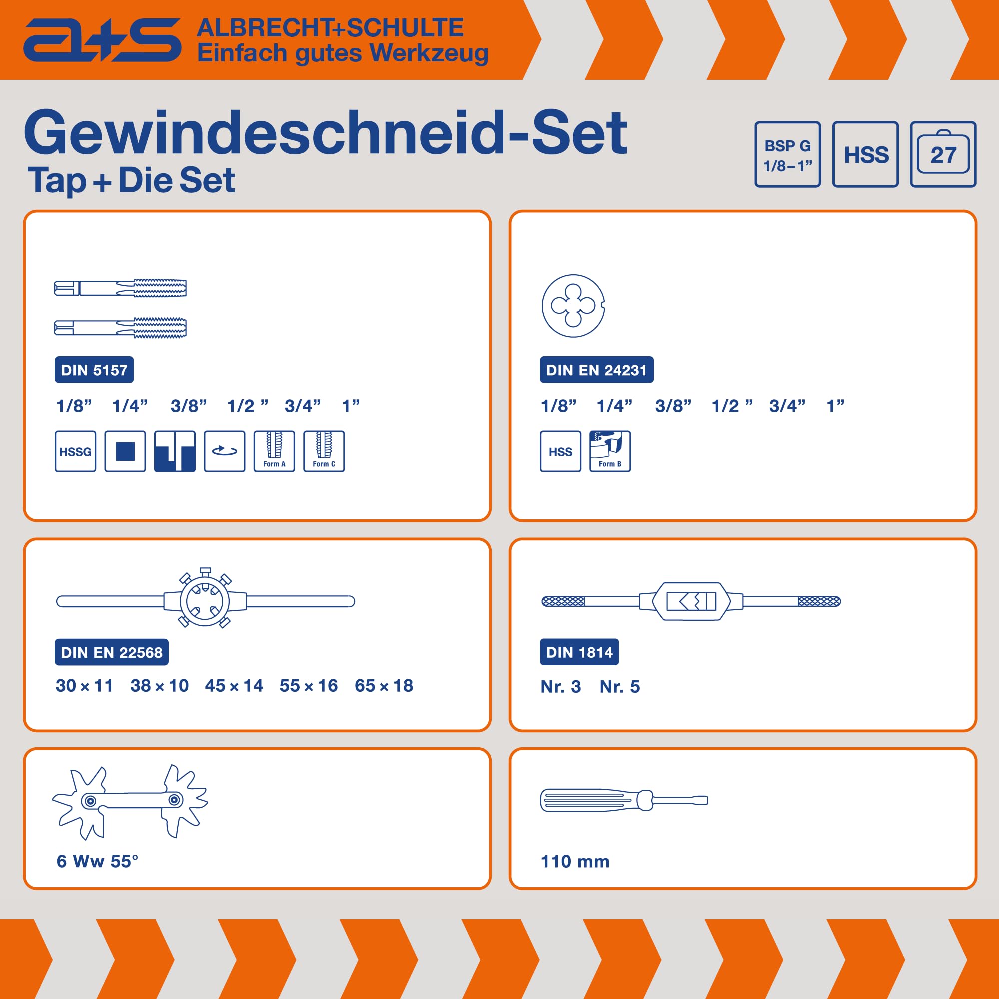 a+s HSS BSP G Rohrgewindeschneider Set | 1/8-1'', 27-tlg. | Gewindeschneider Set Zoll | Whitworth Rohrgewinde