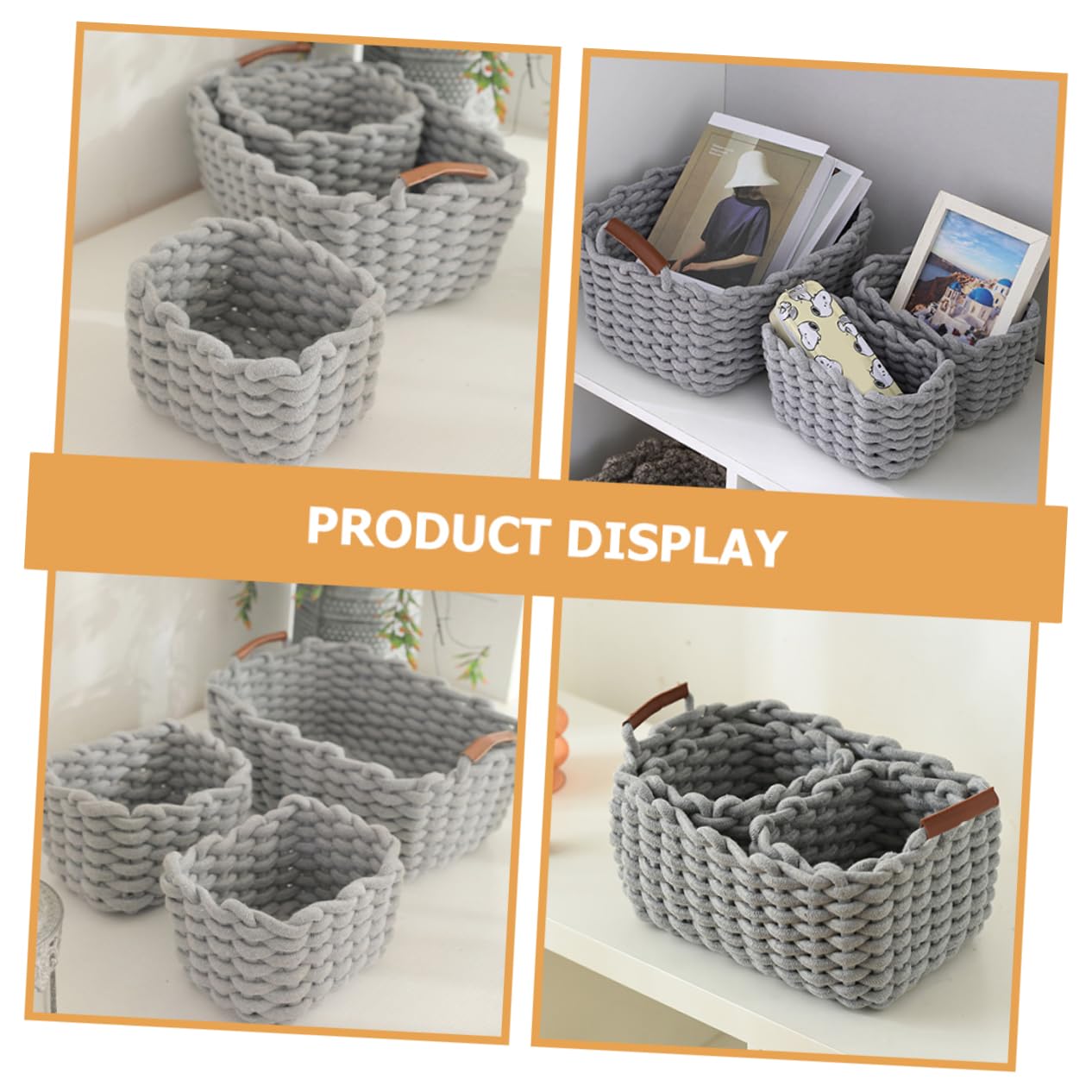 POPETPOP Cesta Tejida de Cuerda de Algodón, Juego de 1, Asa | Cuero, Estilo Nórdico Simple y Versátil, para Hogar y Cosméticos, Almacenamiento Práctico y Seguro