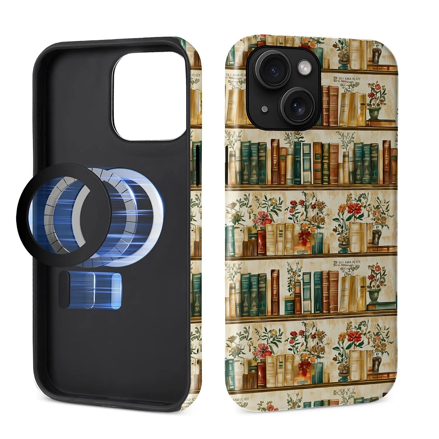 Toulas Case for iPhone 13/14,[Compatible with MagSafe]，Retro Bookshelf Flowers Design Phone case,Hybrid Double-Layer Protection,Shockproof Fingerprint