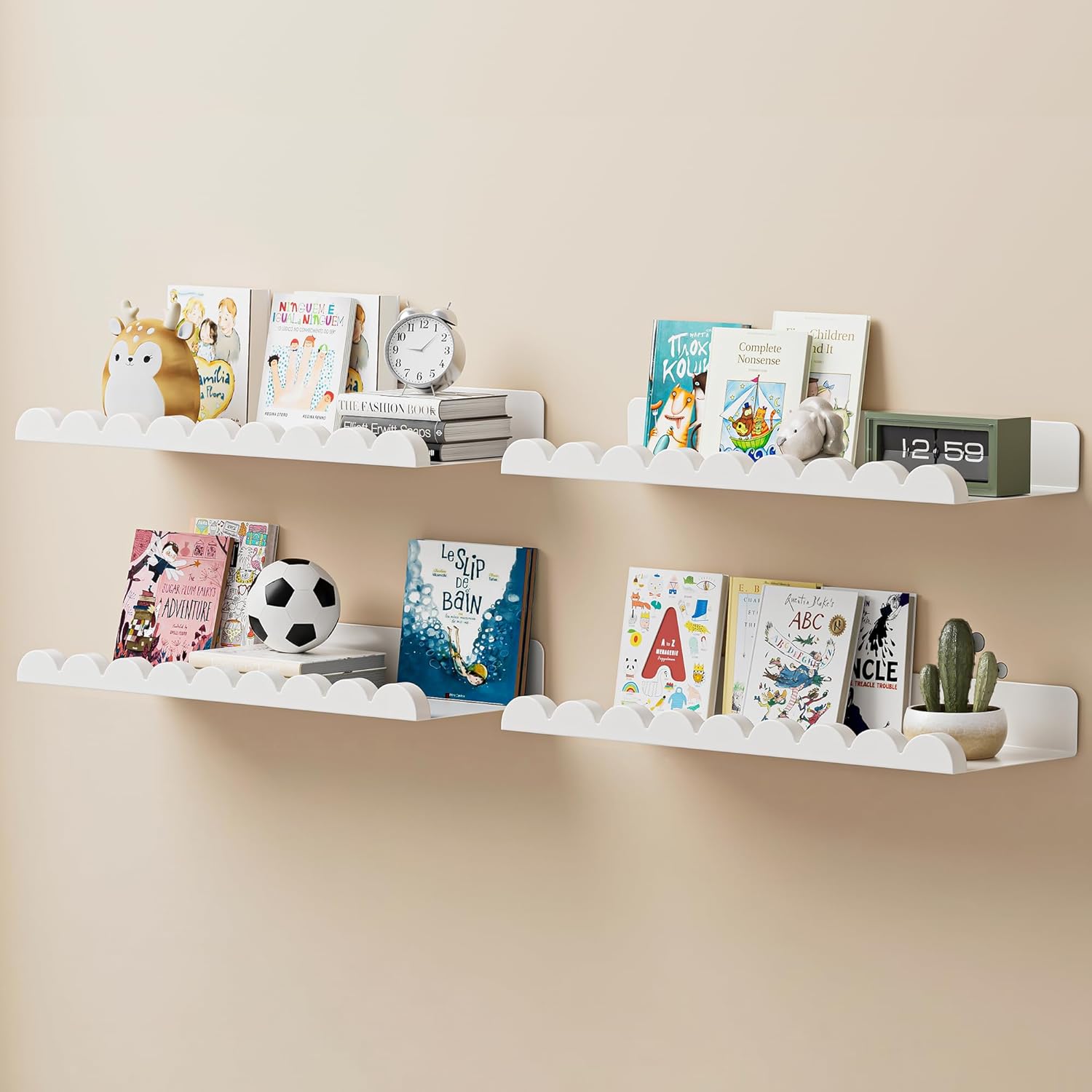 6-Pack Nursery Book Shelves, Scalloped Floating Shelves for Wall Kids, 15.7" Wood Wall Book Shelf for Bedroom Kids, Toddler Room, Baby Room, Nursery Decor,All White