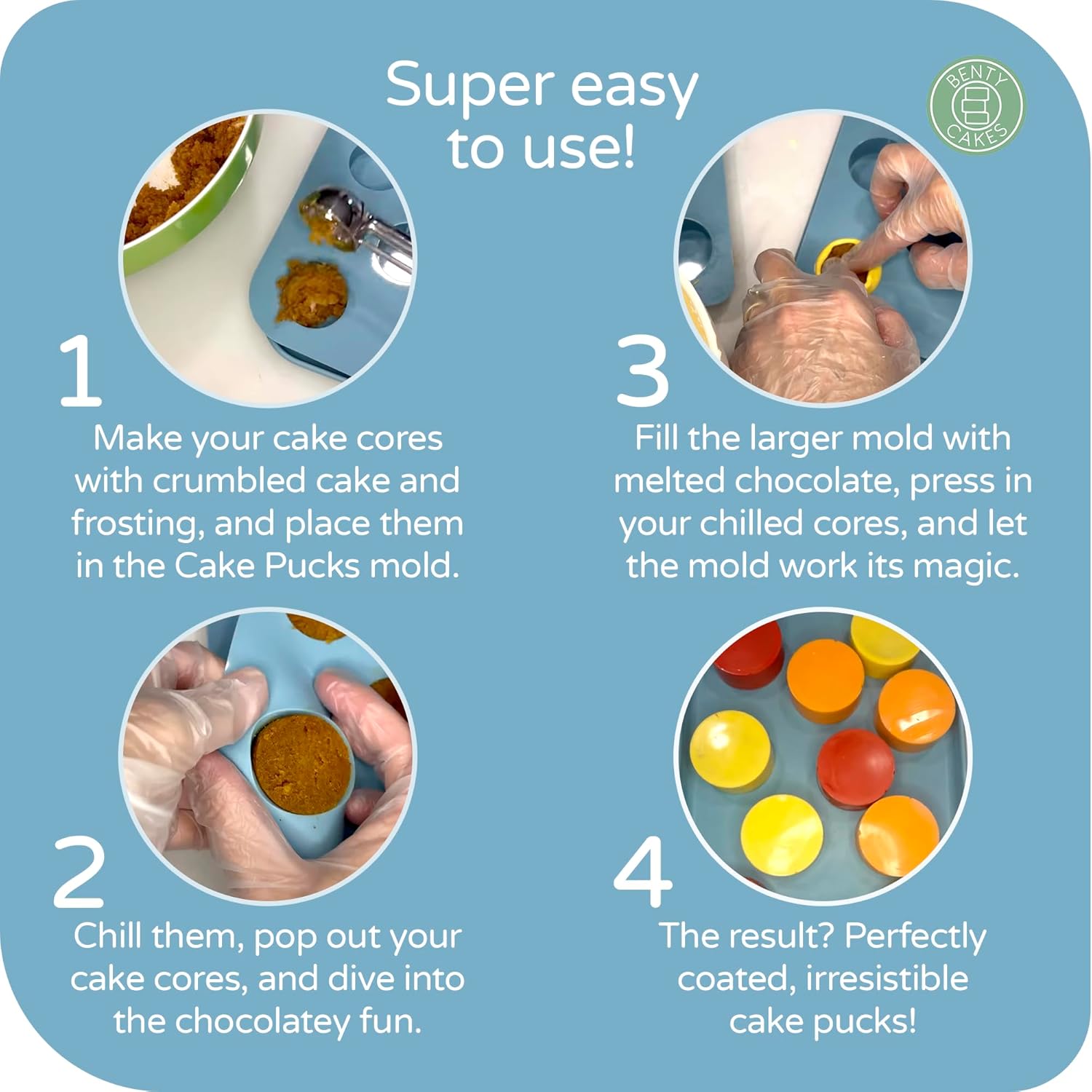 Benty Cakes - The Original Mini Cake Puck Mold Set – Better than a Cake Pop! Make Chocolate Covered Desserts – BPA Free Silicone – Includes 1 Mold Set, 1 Plastic Tray, and 1 Scraper