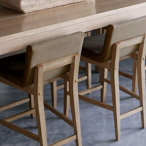 Vista 29 de Nathan James - Gracie - Moderno taburete alto con respaldo, silla alta tapizada con lino texturizado natural y patas de madera cepillada