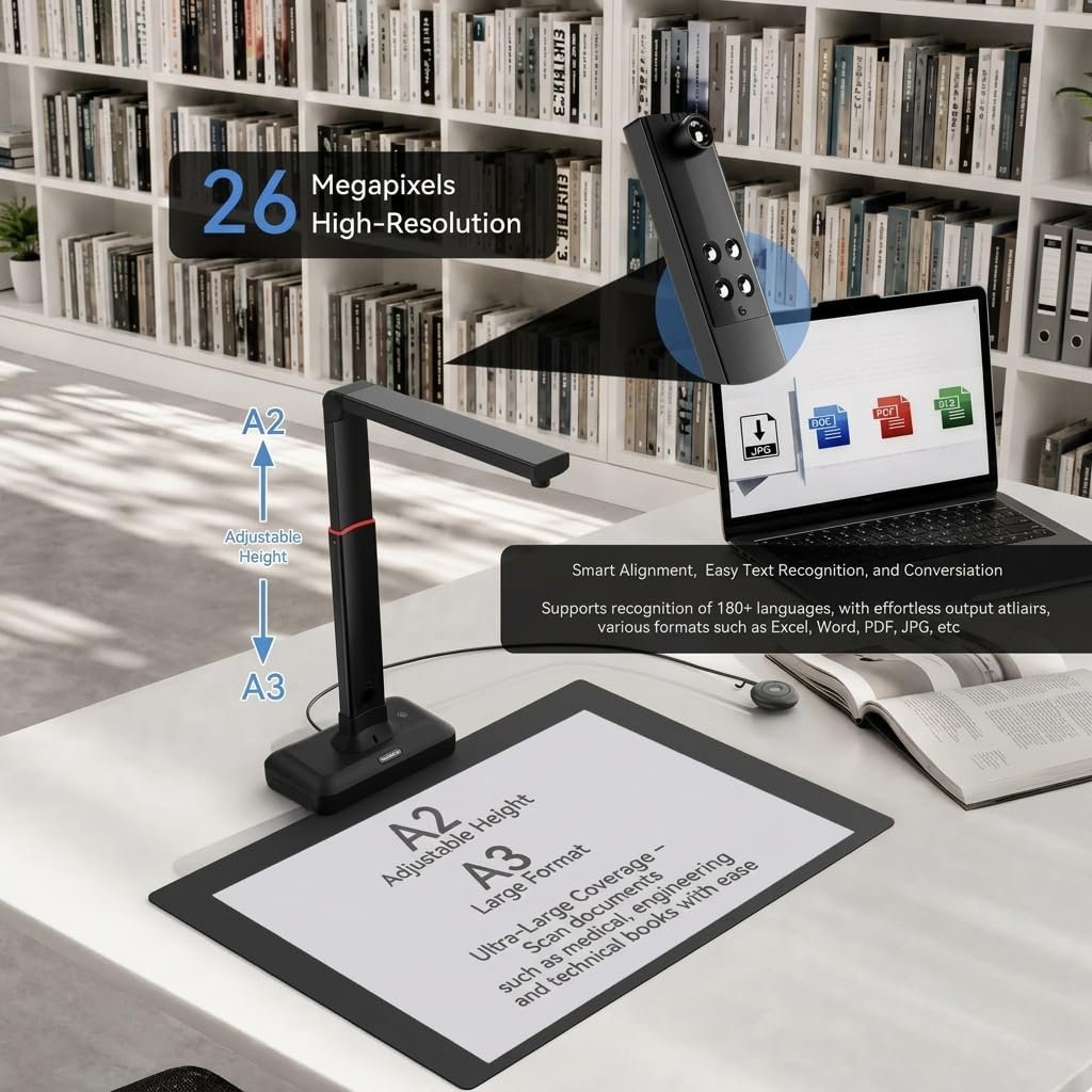 Document Camera & Book Scanner, DB8401 16MP USB Document Camera & Scanner for Classroom/Office, with Auto Focus, OCR & Text‑to‑Speech, Portable Document Scanner & Book Camera, for Windows/macOS view 2