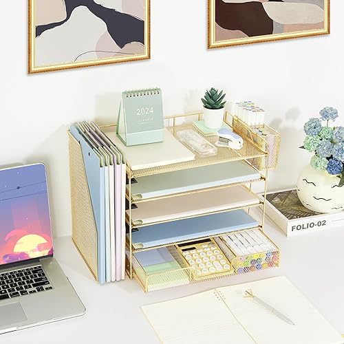 Miniatura 4 de Organizador de escritorio de 5 niveles con estantes verticales, bandeja de papel de escritorio para organización de oficina con cajón y soporte para
