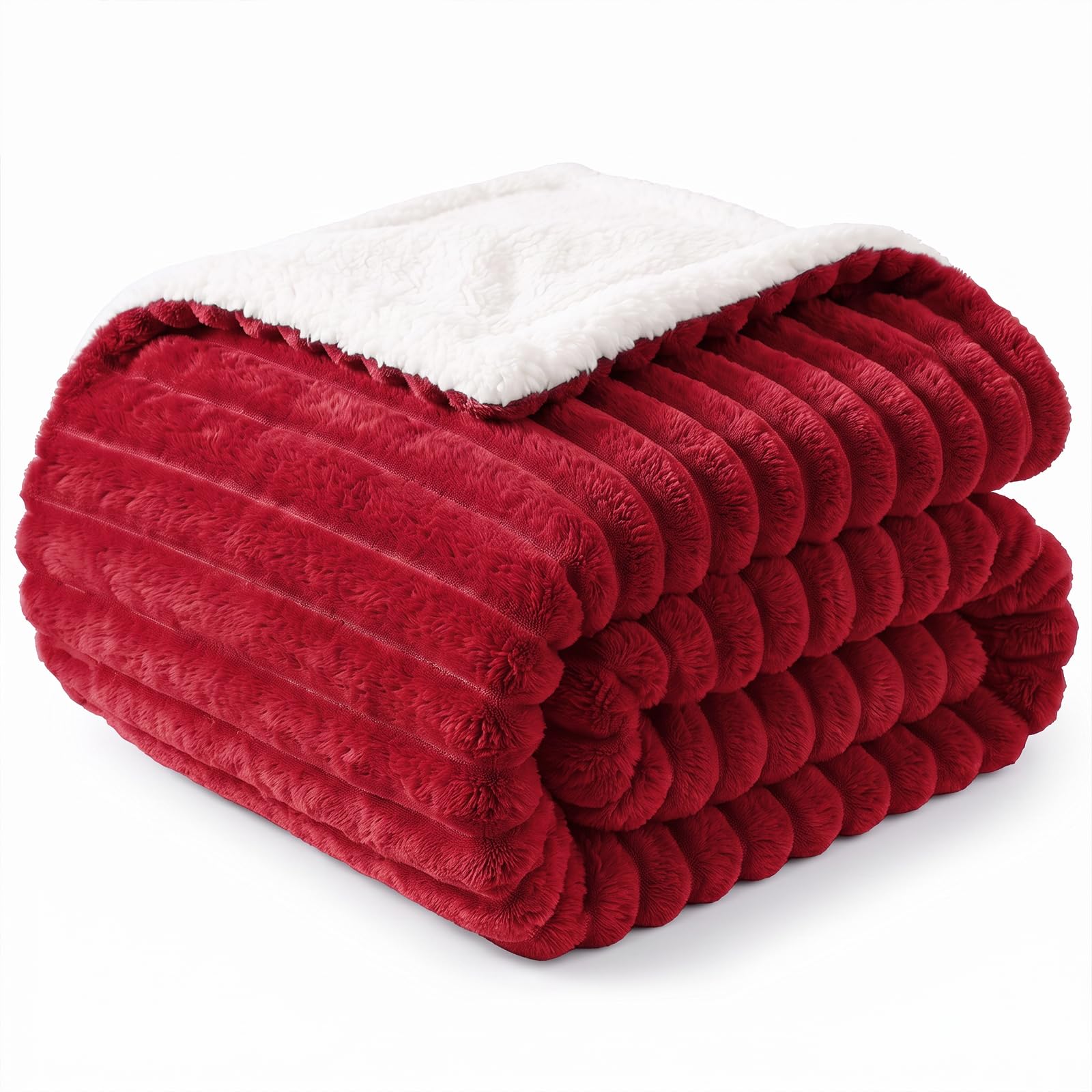 WAVVE Coperta Pile Plaid 220x240 cm Rosso | Flanella a Righe Sherpa a Doppia Faccia, extra spessa, morbida, calda e accogliente, ideale per divano e letto