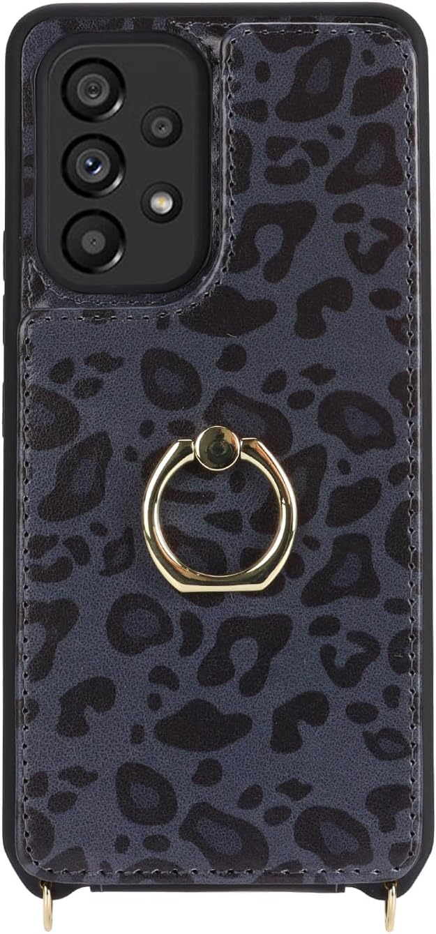 Lipvina for Samsung Galaxy A53 5G Case with Card Holder and Strap for Women,Crossbody Lanyard,RFID Blocking,Ring Stand,Snap Clasp,Cute Phone Wallet Cases 6.5 inch(Black Leopard)