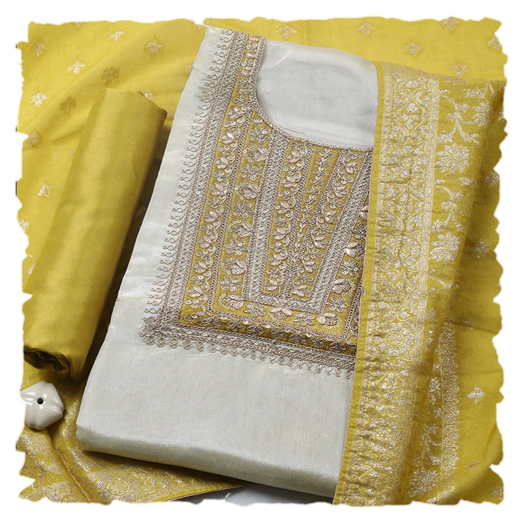 Embroidered Silk Blend Mustard Unstitched Kurta with Bottom & Dupatta-image-13