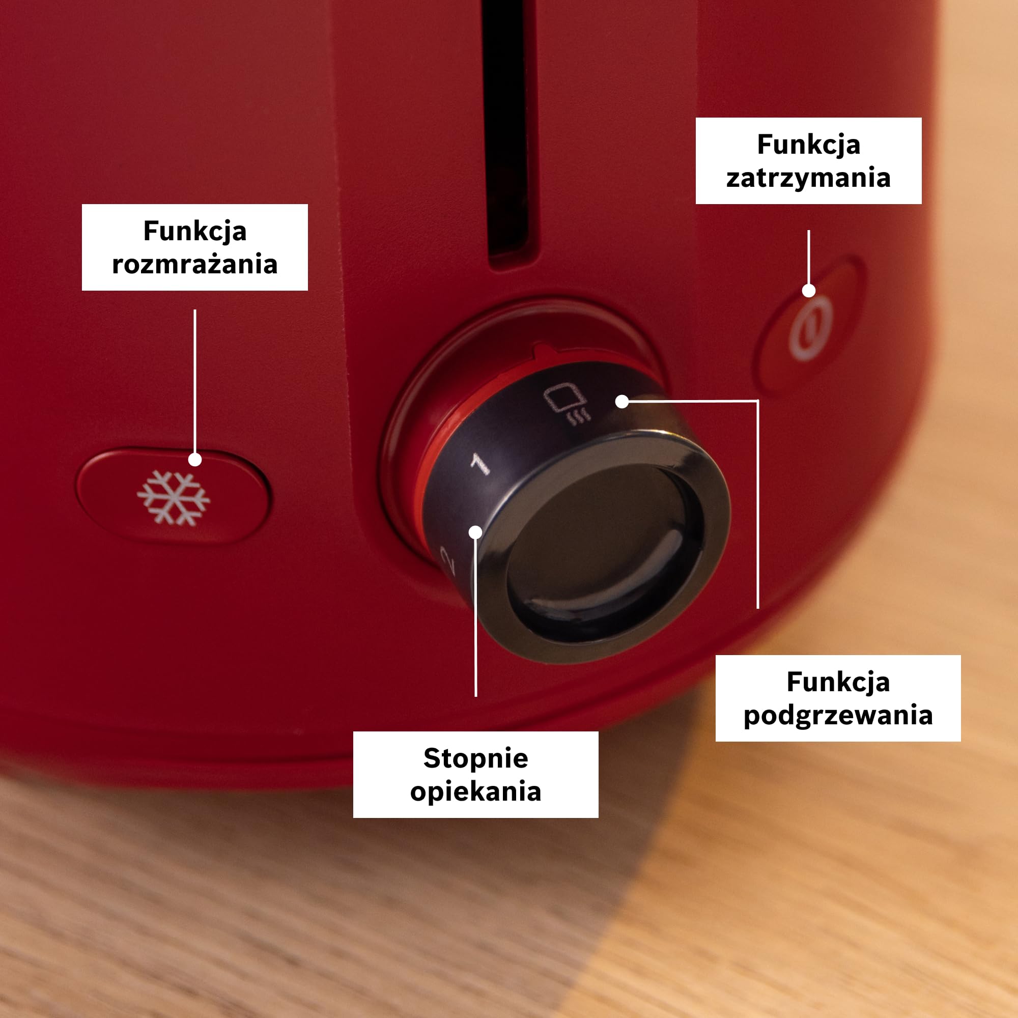 Bosch, toster, MyMoment, pojemnik na 2 kromki, podgrzewanie, rozmrażanie, ruszt na bułki, funkcja wysokiego podnoszenia, automatyczne wyłączanie, czerwony, TAT2M124